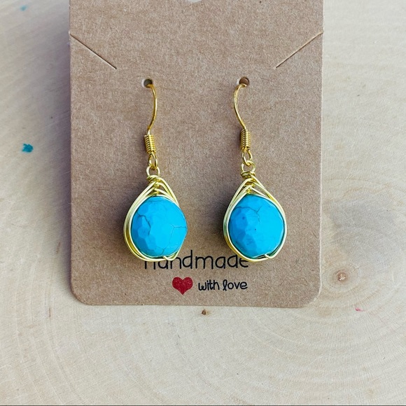 Turquoise Earrings Wire wrapped Gold Dangle - Picture 4 of 6